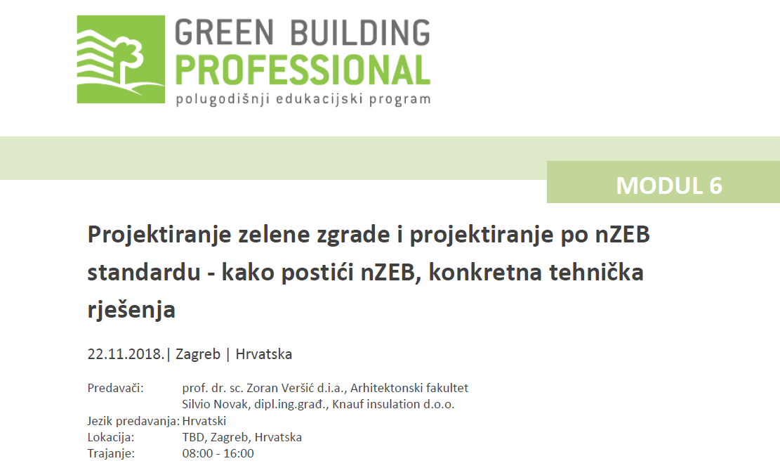 Pozivamo Vas da se pridružite 6. modulu GBPRO edukacije: Projektiranje zelene zgrade i projektiranje po nZEB standardu